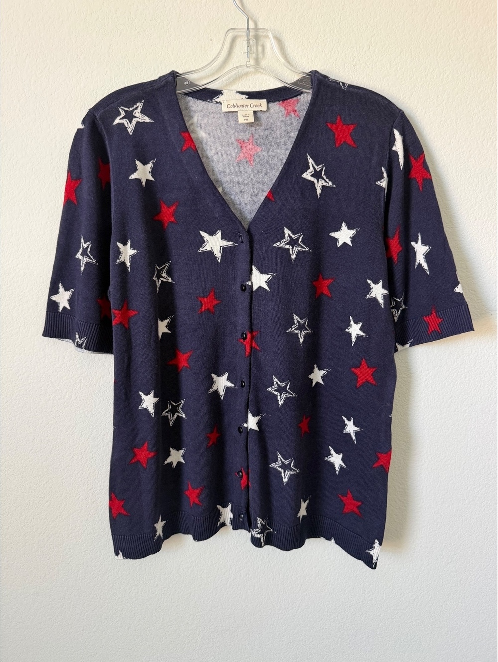 Coldwater Creek Short Sleeve V-Neck Button Up Stars Cardigan Sweater Size PM